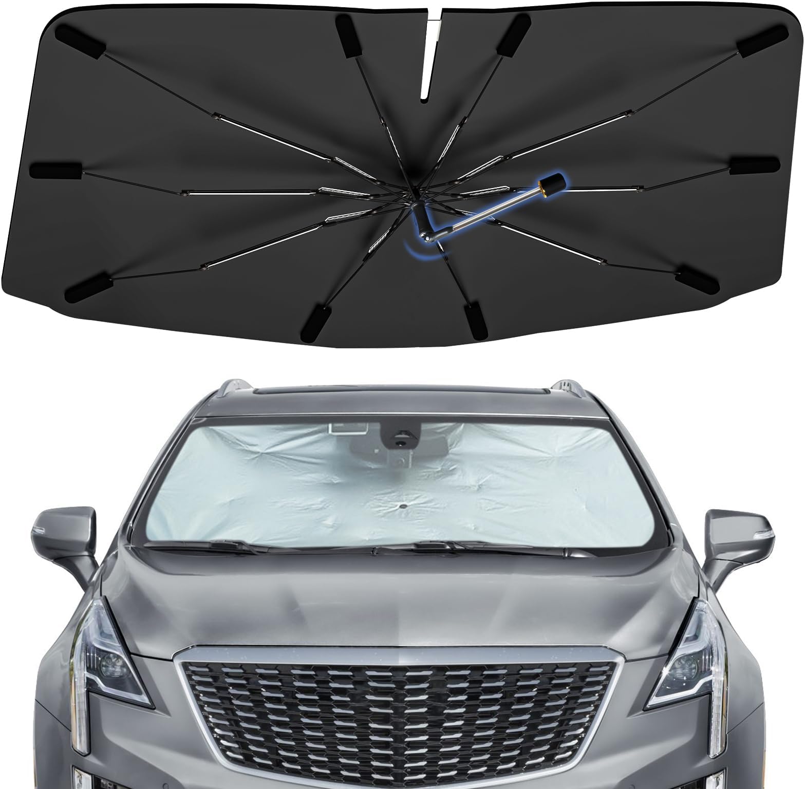 Windshield Sun Shade Umbrella for Cadillac XT5 2017-2026, Foldable Sunshade for Car Front Window, 360 Rotation Automotive Interior UV Protection for Outdoor Parking, Keep Car Cool