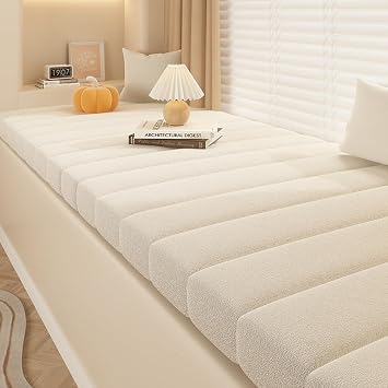 Custom Bay Window Seat Cushion,Cushions for Bench Seat Indoor,Teddy Velvet Seat Bench Cushioned Pads with Anti-Slip Bottom Waterproof Anti-Cat Scratch White