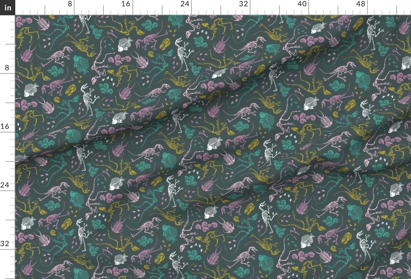 Spoonflower Fabric - Dinosaurs Shells Bones Skeleton Princess Teal Mustard Pink Green Printed on Upholstery Velvet Fabric Fat Quarter - Upholstery Home Decor Bottomweight Apparel
