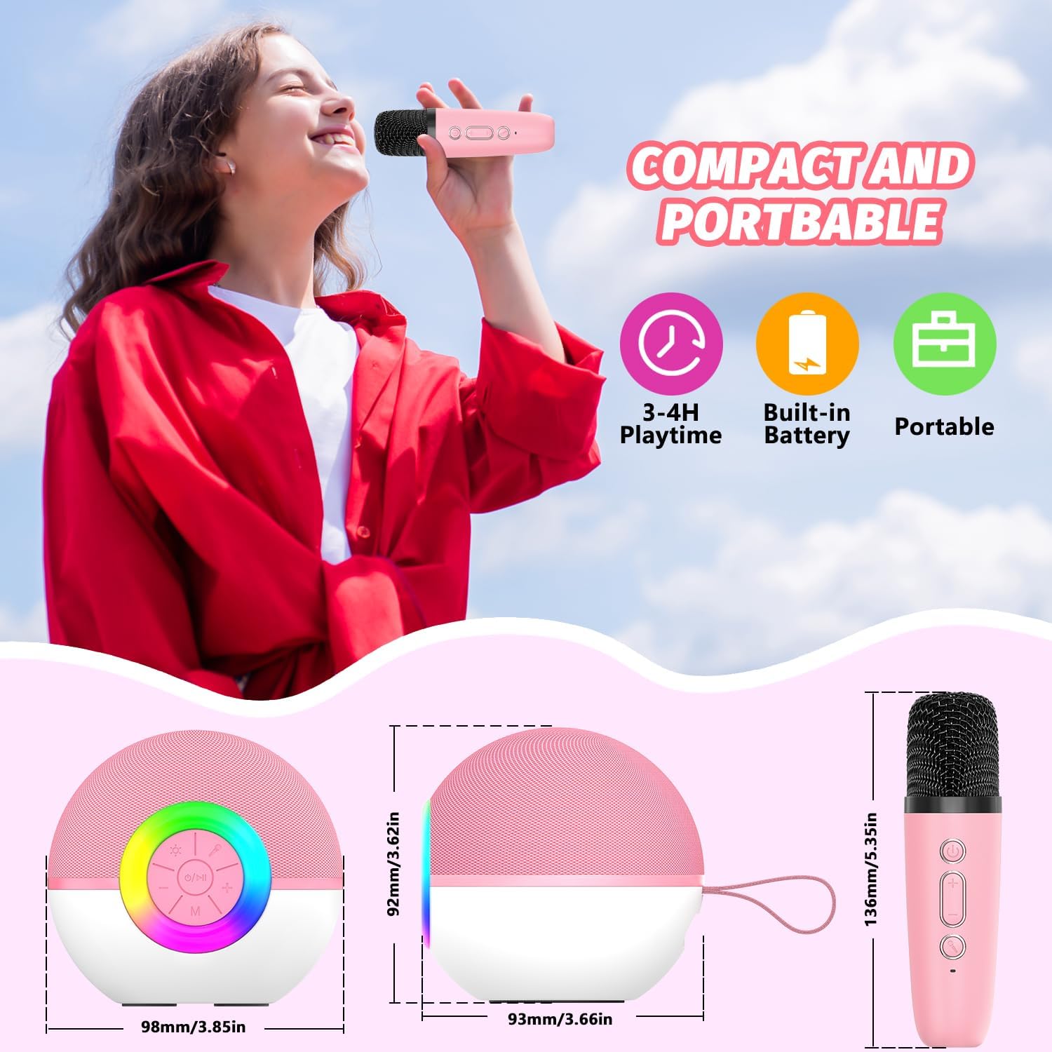 Mgaolo Mini Karaoke Machine for Kids Adults,Portable Bluetooth Speaker with 2 Wireless Microphones,Gift Toys with MP3 Player for Boys Girls 3-12 Year Old Birthday Family Home Party Present (Pink) - Image 7
