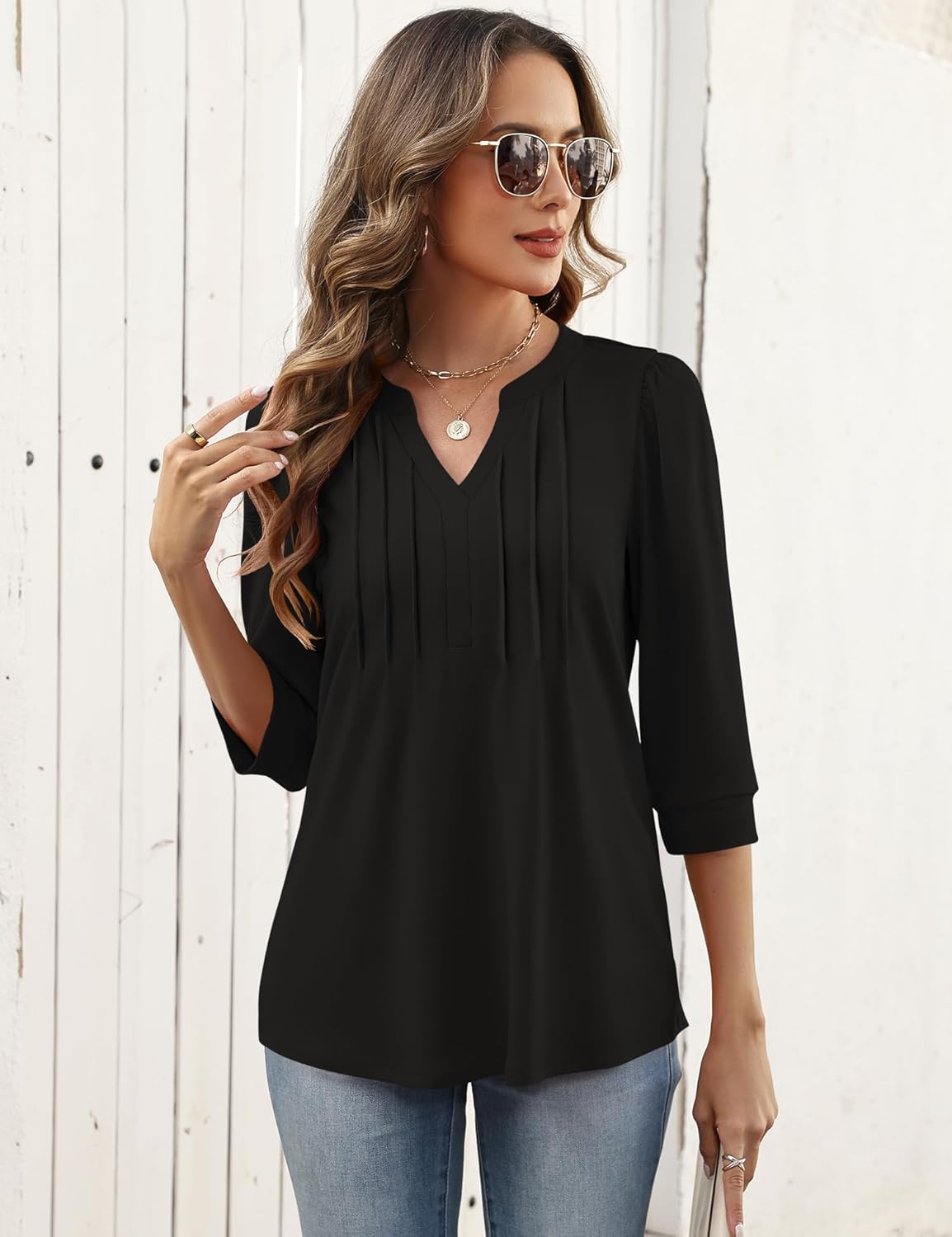 LOMON 3/4 Length Sleeve Womens Tops Pleated Puff Sleeve V Neck Work Blouses for Women Dressy Casual Spring Summer Clothes - Image 6