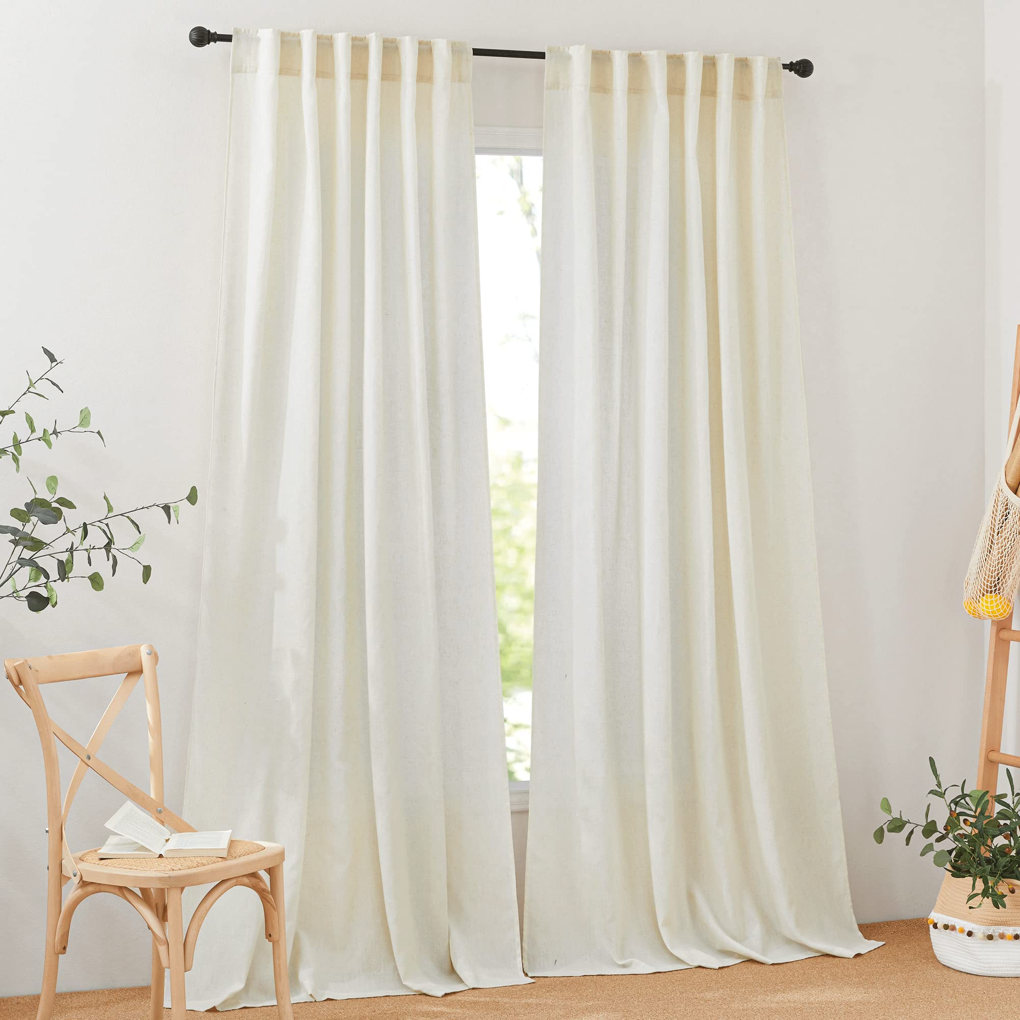 Flax Linen Curtains 108 Inches Long for Living Room Natural Linen Blended Drapes Light Filtering Semi Privacy Cream Beige Sheer Curtains for Sliding Door Track Cotton Canvas Look 9 FT, 2 Panels