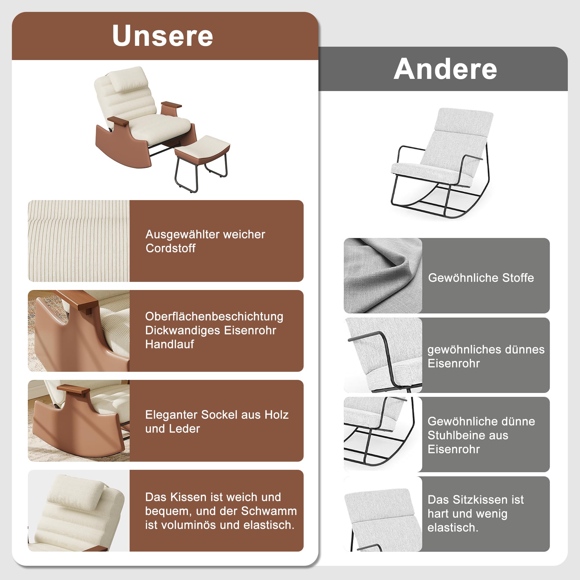 Mecedora con función reclinable y reposapiés, sillón Moderno de Relax con Respaldo Ajustable en 3 Niveles, sillón Mecedora Acolchado con reposacabezas y reposabrazos