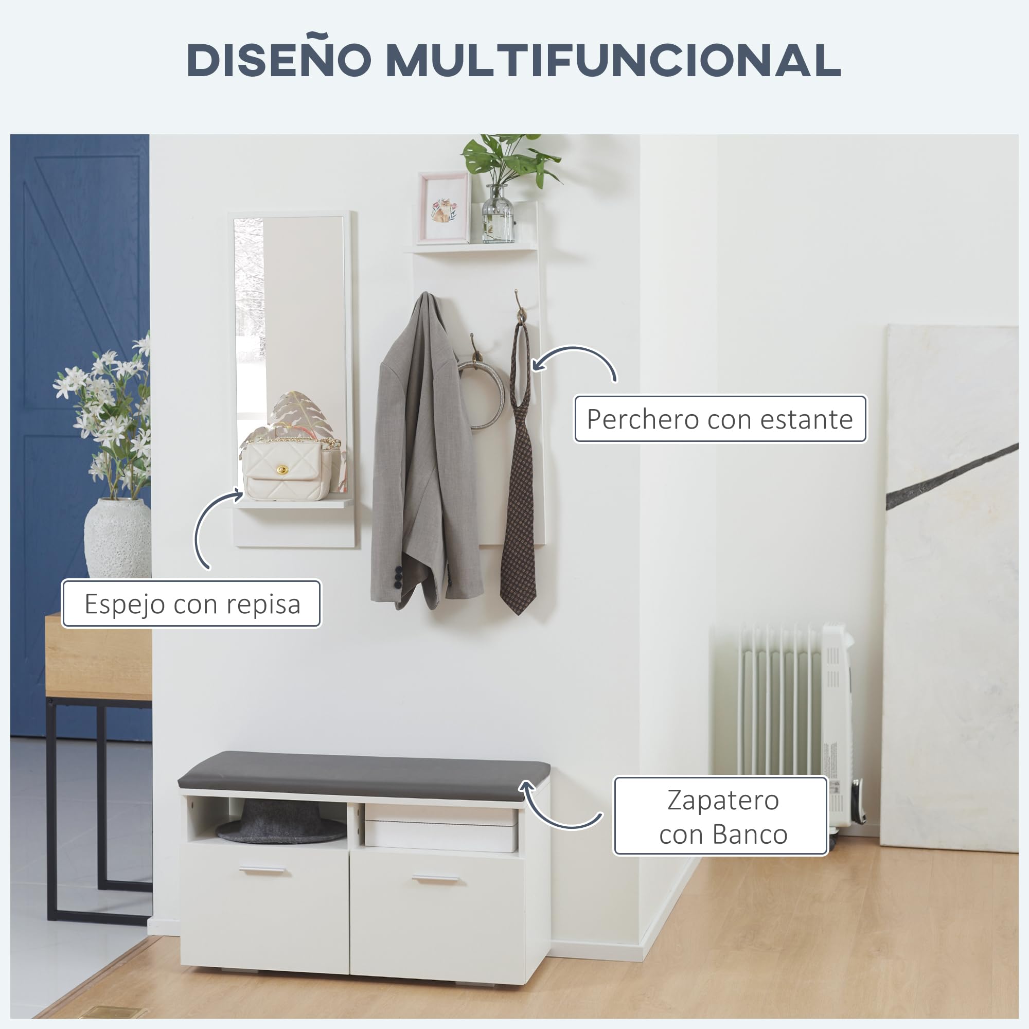 HOMCOM Conjunto de Recibidor con Espejo Perchero y Zapatero Recibidores de Entrada con 3 Ganchos 2 Puertas y Estantes para 8 Pares de Zapatos Blanco