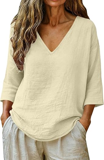 Linen Tops for Women - Plus Size Summer Gauzy Shirts 3/4 Sleeve V Neck Blouses Dressy Casual Tunic Loose Clothes
