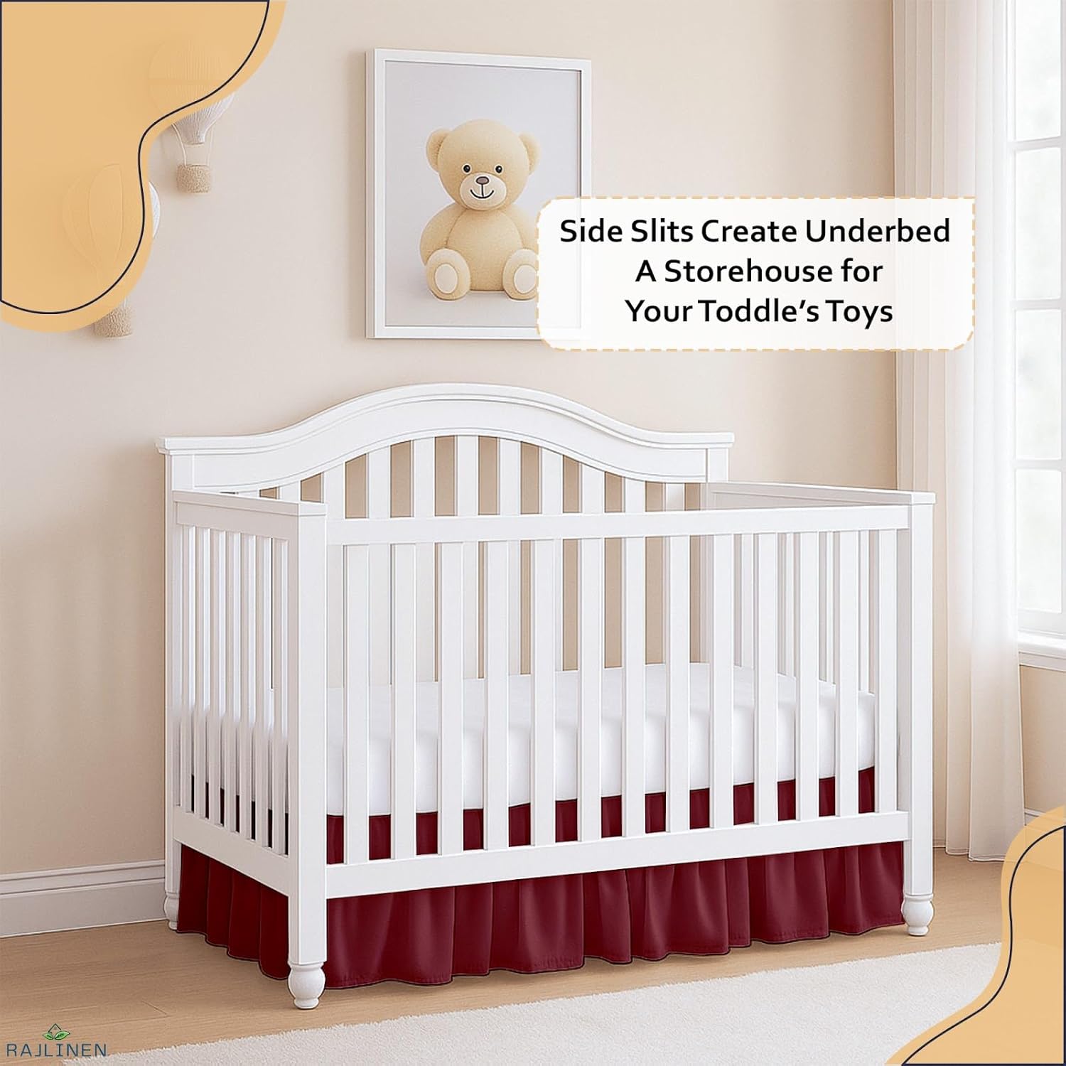 Rajlinen Ruffled Crib Bed Skirt, Microfiber, Dust Ruffle with Split Corners, 14" Drop, Nursery Toddler Bedding for Baby Boys or Girls, Burgundy