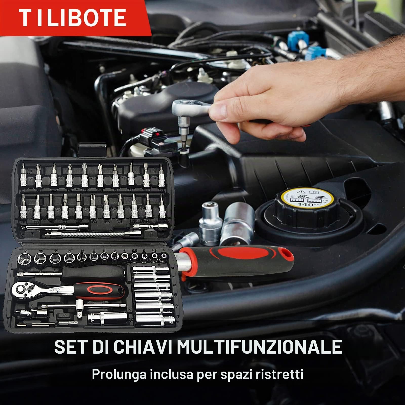 TILIBOTE - Set di chiavi a bussola, 53 pezzi, set di chiavi a cricchetto da 1/4 di pollice e barra di estensione per barra cardanica, set per riparazioni automobilistiche e uso domestico