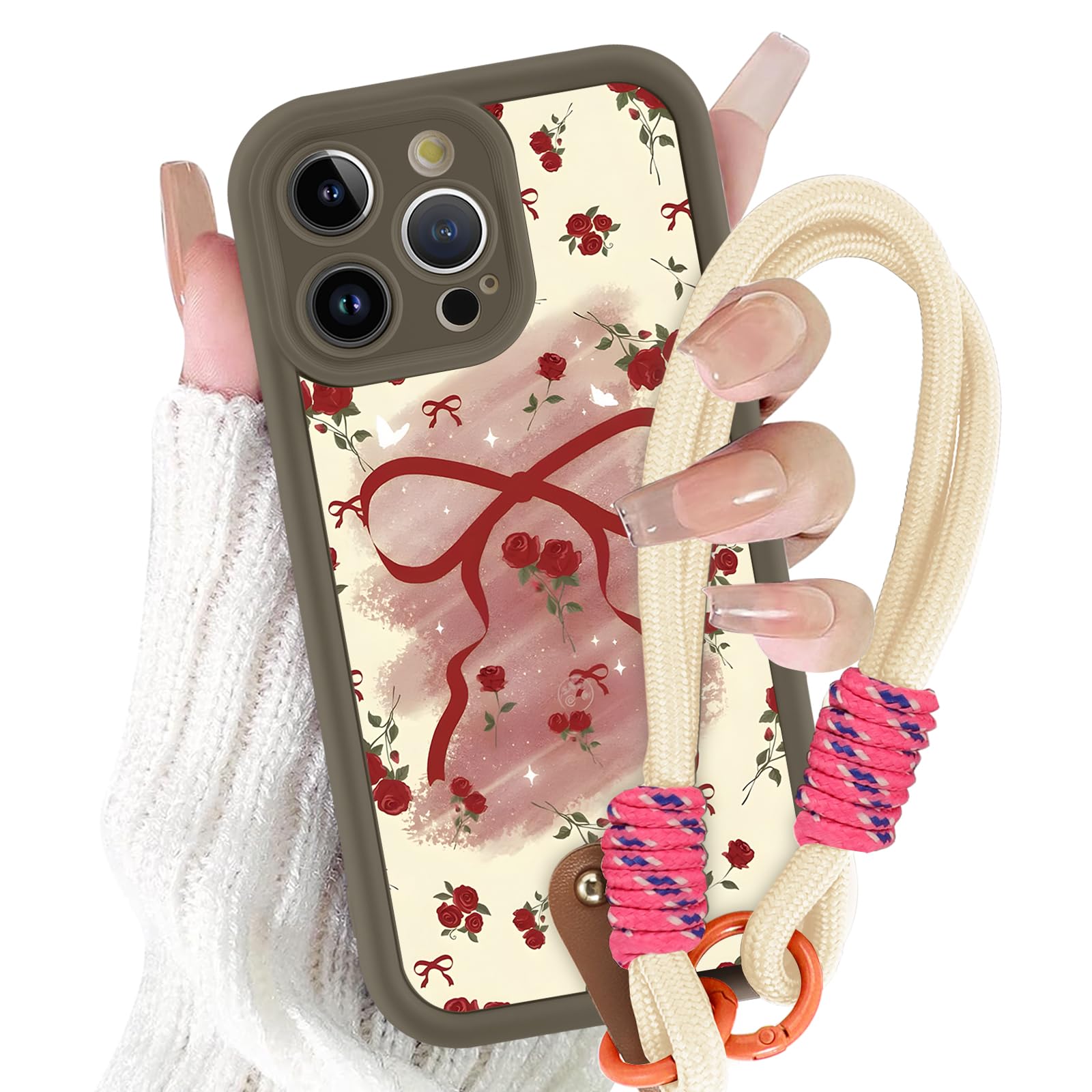 Cover Con Cordino Per IPhone 13 Pro 6,1'' – Silicone Morbido Con Fiori – Custodia Antiurto A Tracolla