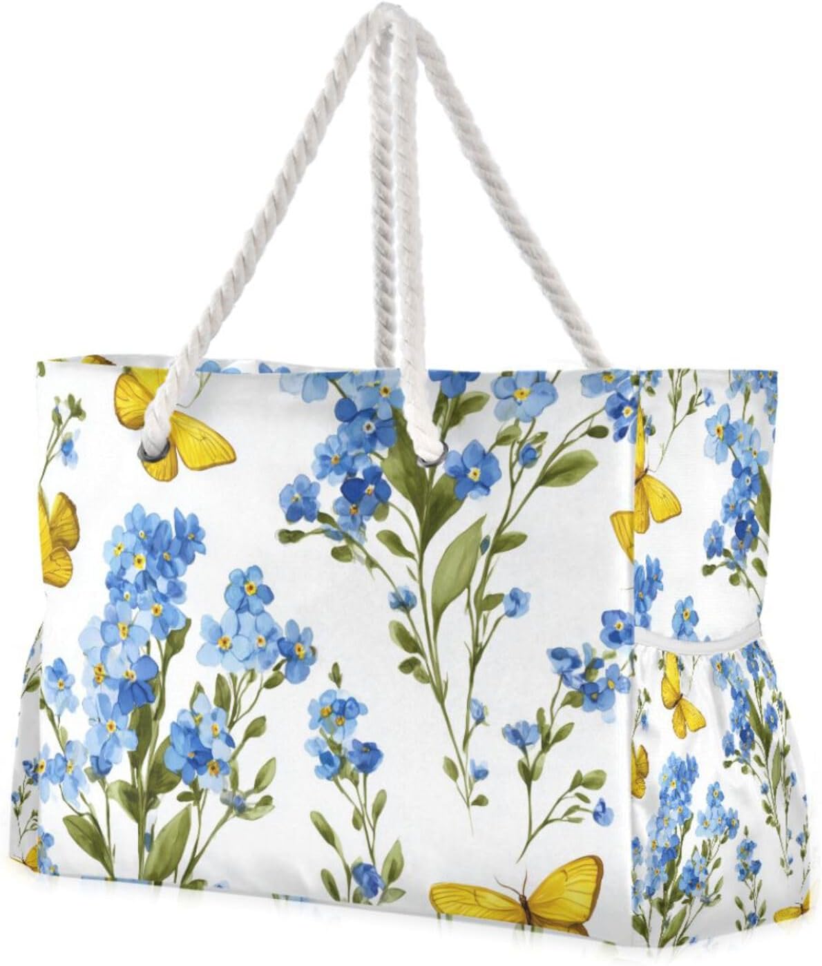 OTVEE Forget-me-nots and Yellow Butterfly Pattern Beach Bags for Women Ladies Large Canvas Tote Shoulder Bag Waterproof Travel Bags for Gym Swim Pool Camping