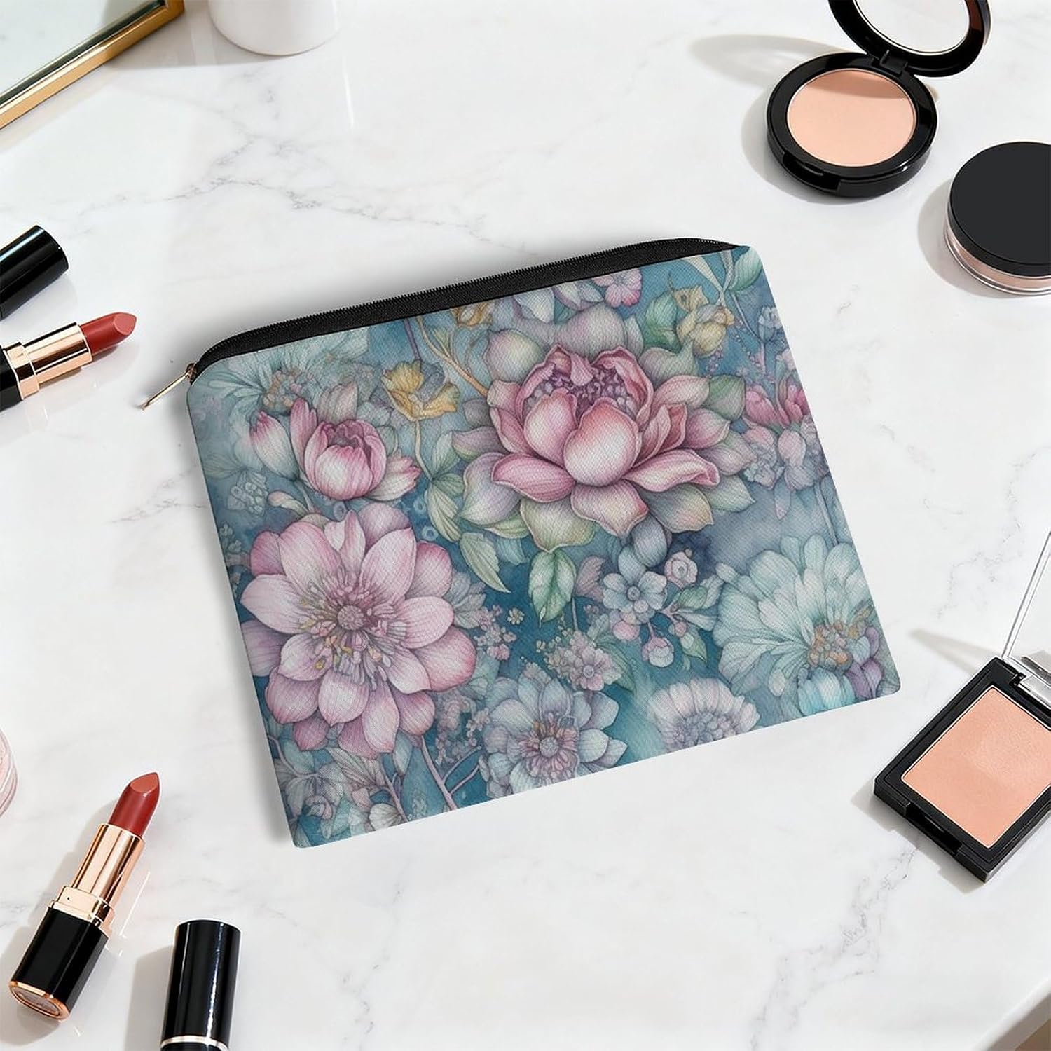Blue Style Flowers Makeup Bag Small Cosmetic Pouch with Zipper image 5