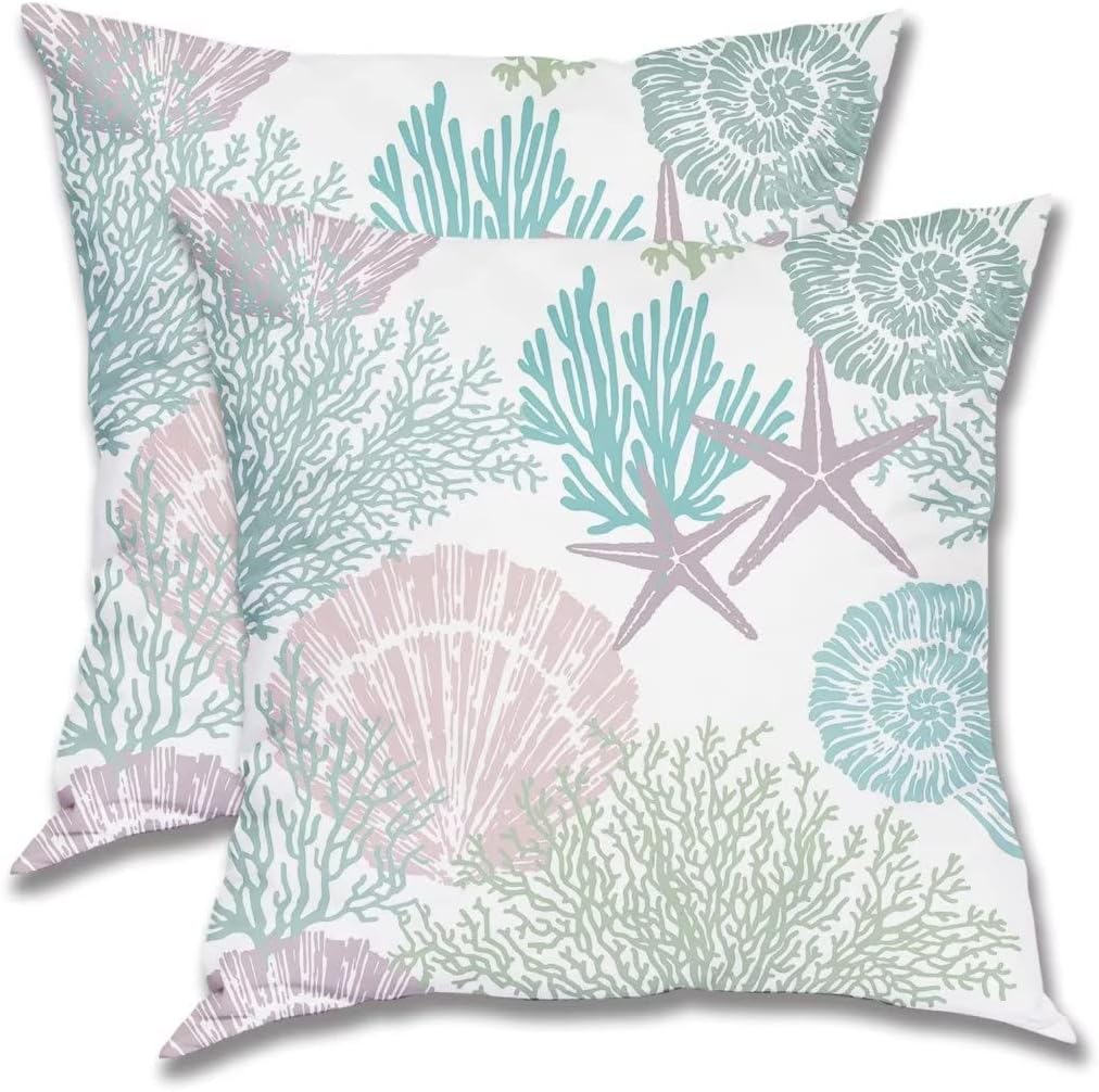 BETGINY Nautical Coastal Throw Pillow Cover 18X18 Inch Pack of 2,Summer Ocean Themed Pillow Covers Square Cotton Aqua Seashell Starfish Beach Pillow Cases Cushion for Bedroom Home Sofa Decoration