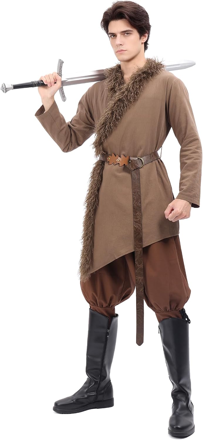 Faux Fur Coat Men Medieval Tunic with Belt LARP Ren Faire Costume