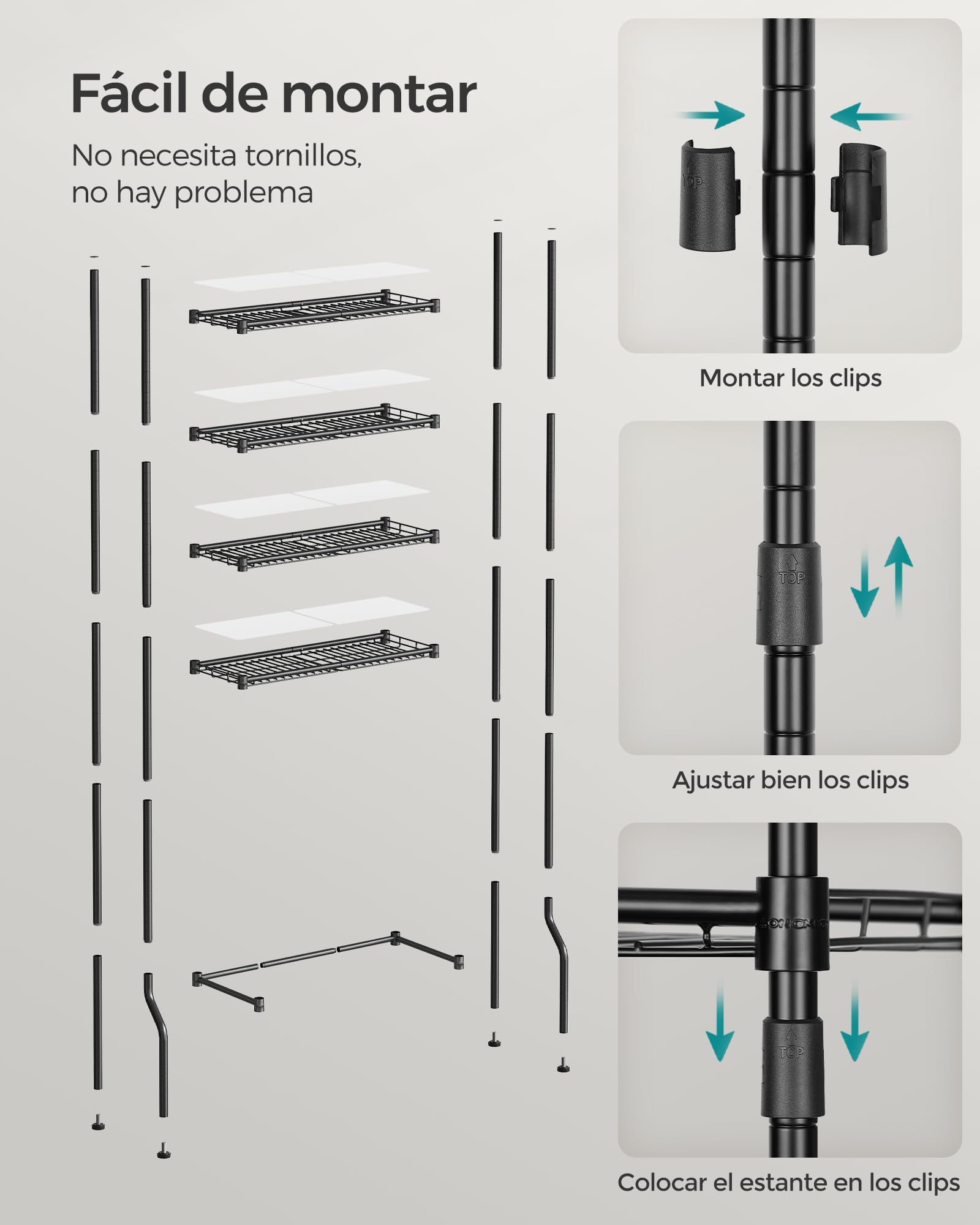 SONGMICS Estantería de Inodoro de 4 Estantes, Estante de Metal para el Baño, Estantes Ajustables, con 4 Ganchos y Portarrollos, Ahorra Espacio, 30 x 63 x 176 cm, Negro BTS013B01