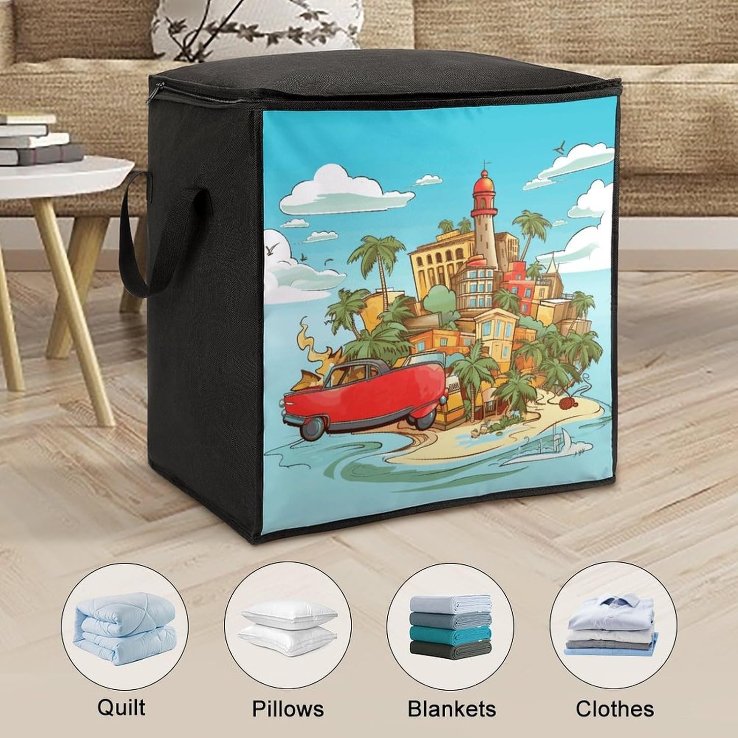 Island of Cuba Storage Bag with Zippers And Handle Extra Large Bedding Comforter Storage Bag Foldable Blanket Storage Bags Fabric Moving Bags for Closet Organizer (70L)