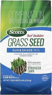 Scotts Turf Builder Sun & Shade Grass Seed Mix with Fertilizer & Soil Improver - 5.6 lbs, Deep Roots for Thick Green Turf