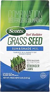 Scotts Turf Builder Grass Seed Sun and Shade Mix - Grass Seed Plus Lawn Fertilizer and Soil Improver, Covers Up to 2,240 sq. ft., 5.6 lb.