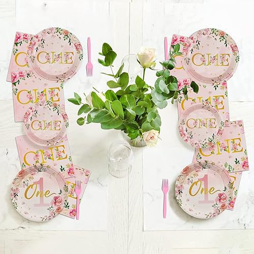 Miniatura 7 de 96 piezas de suministros para fiesta de primer cumpleaños para niñas, platos de un cumpleaños, servilletas, vajilla, primer año, cumpleaños,