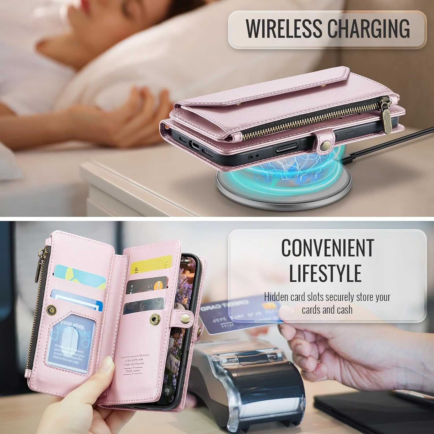 Asuwish Phone Case for iPhone 17 6.3 inch Zipper Wallet Cover with Tempered Glass Screen Protector and Flip RFID Blocking Cash Card Holder Cell Accessories i Phone17 i17 17Case Women Girls Rose Gold