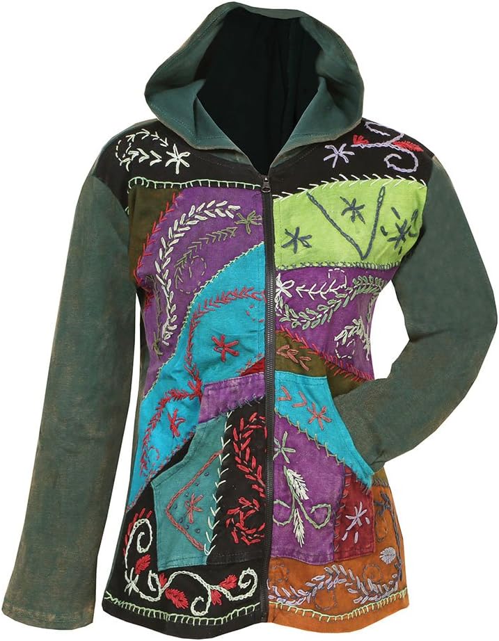 Women's Folk Art Hand-Embroidered Zip Front Hoodie Sweatshirt - 100% Cotton - Green - XL Apparel
