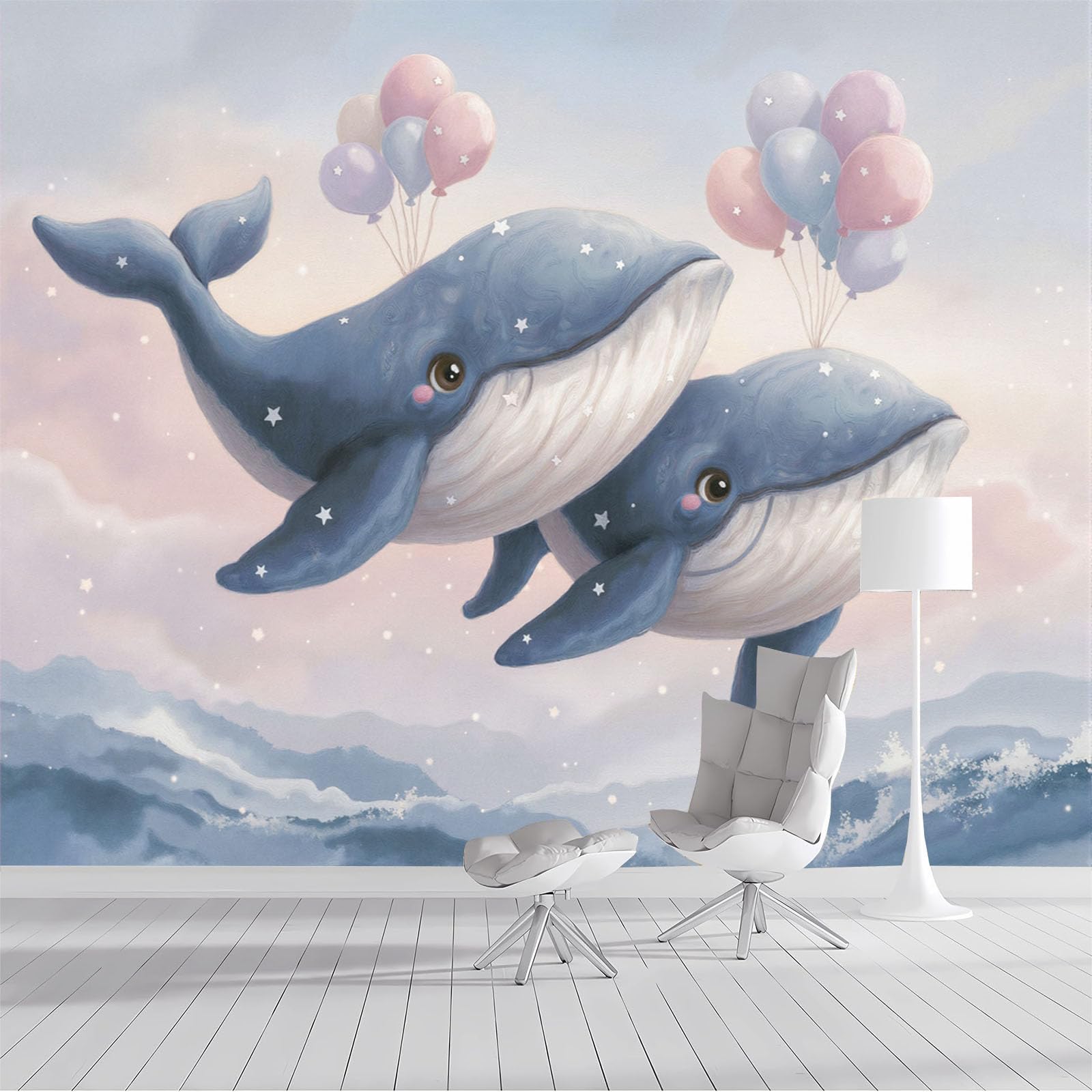 Papier peint photo panoramique baleine bleu pour décorer un salon familial