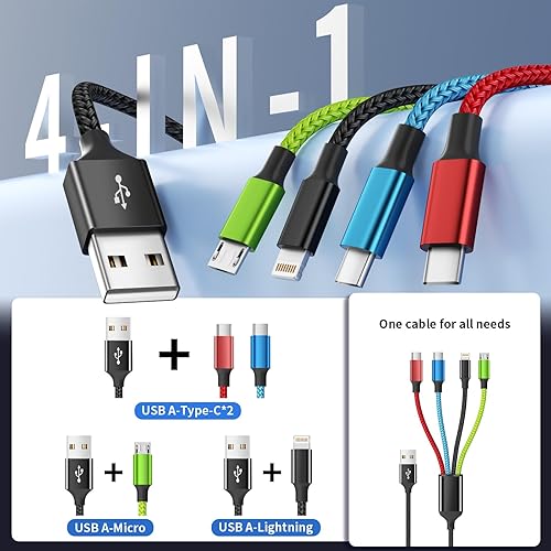 Miniatura 5 de Travel Essentials - Cable de carga múltiple 2 unidades de 5 pies, accesorios de automóvil, cables de carga 4 en 1, cable USB, cargador de teléfono