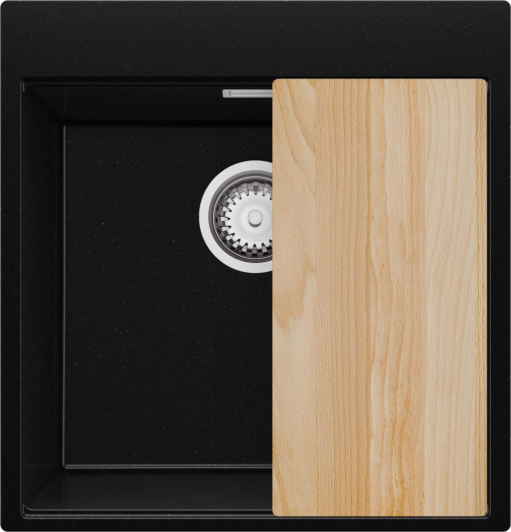 PRIMAGRAN Fregadero Cocina Negro Metallic - Oslo Top, 48x50cm | Granito 1 Seno + Zuberhor-Set, sobre Encimera al Mueble 50cm (S296)
