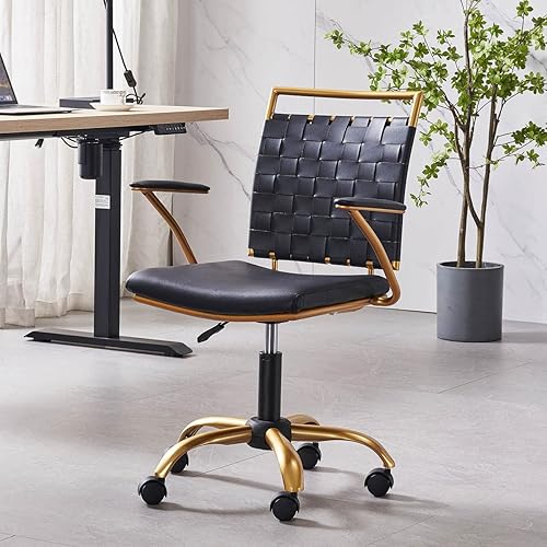 Silla de oficina moderna de cuero, color dorado y negro, bonita silla de conferencias con respaldo medio con ruedas y brazos, cómoda silla giratoria