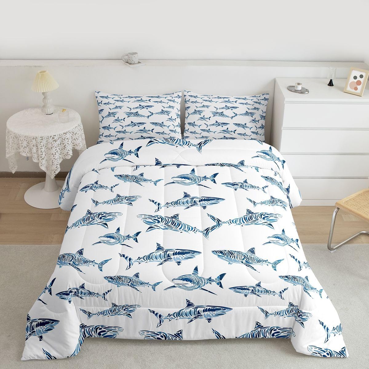 Erosebridal Shark Bedding Set Full Ocean Life Comforter Set for Child Boys Blue Watercolor Hand Drawn Cartoon Sharks Down Comforter Underwater Sea Wild Animals Fish Room Decor Marine Life Duvet Set