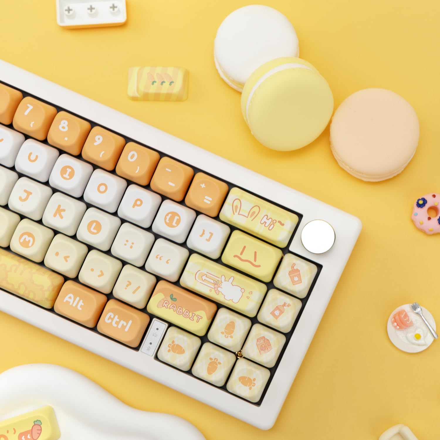 Cute Bunny Keycap Set, 134 Key PBT Keycaps, MOA Profile Kawaii Custom Keycaps for Mechanical Keyboard, Compatible with ANSI Layout 60%, 65%, 75%（Yellow）