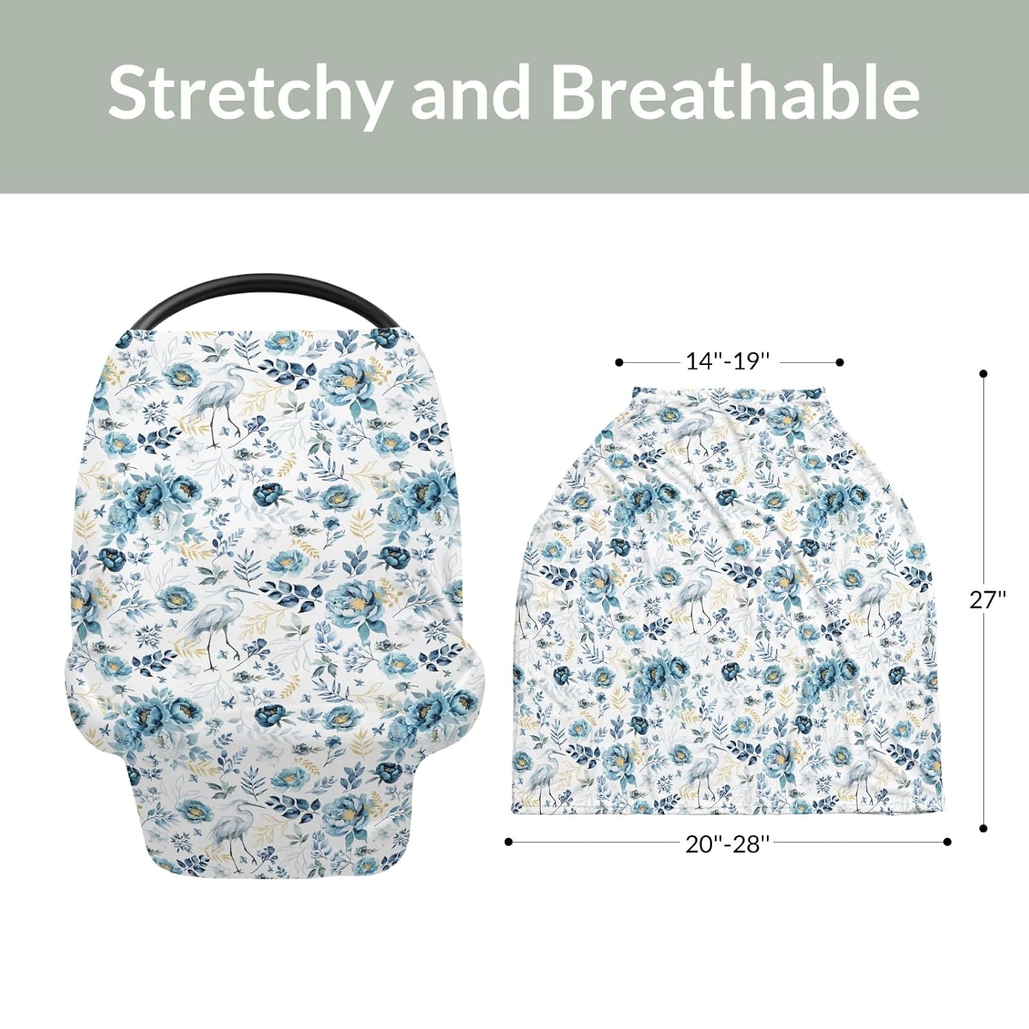 Watercolor Cranes Flowers Car Seat Covers for Babies Crane Blue Gold Floral Leaves Stretchy 5-in-1 Cover Adjustable Car Canopy Breastfeeding Cover Wild Birds Breathable Nursing Cover-Up