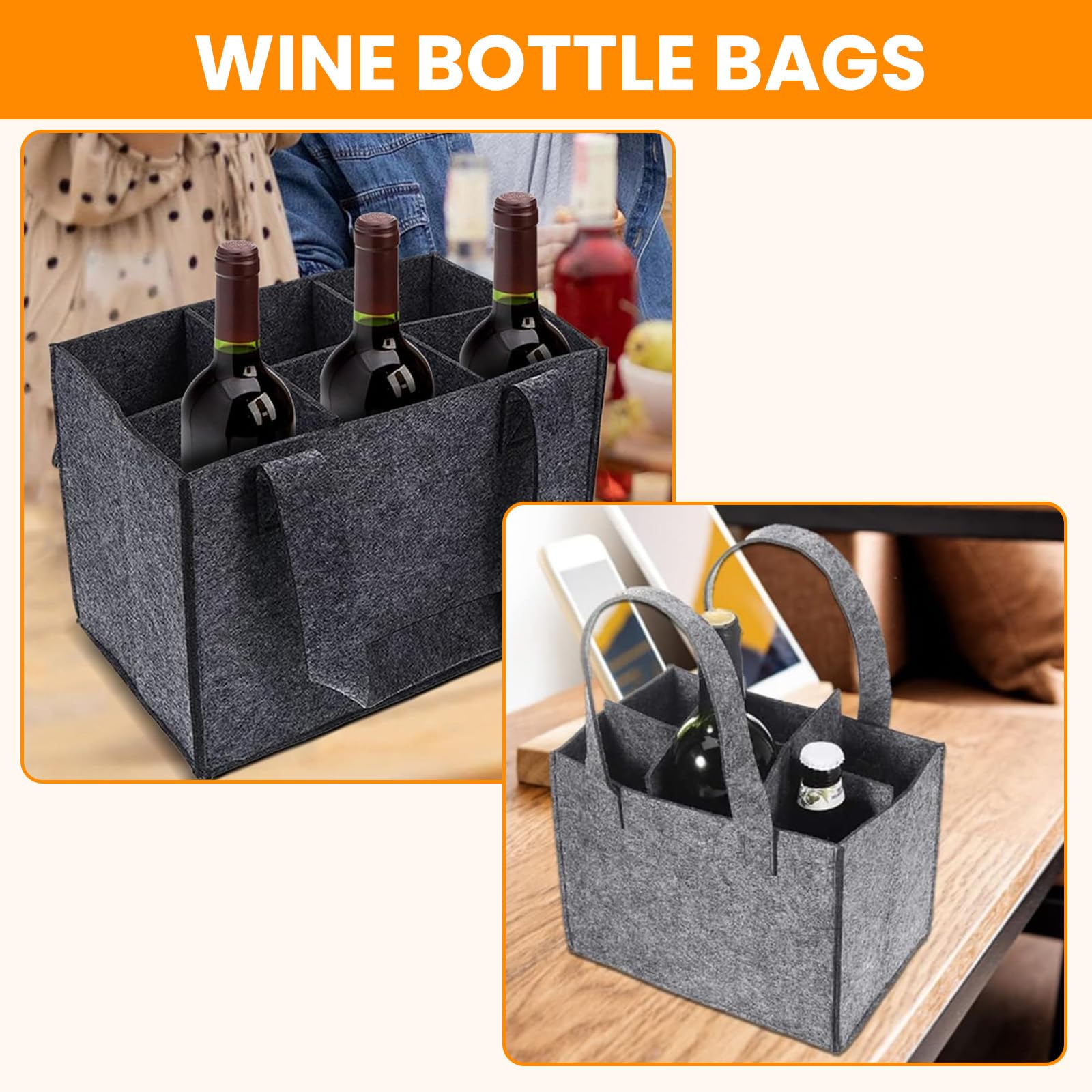 NICKLIN 2Pcs Wine Bottle Bag 6 Compartment Reusable Felt Bottle Carrier,Beer Tote Bag Portable Bottle Wine Tote Carrier with Divider for Travel Picnic Barbecue Party - Image 2