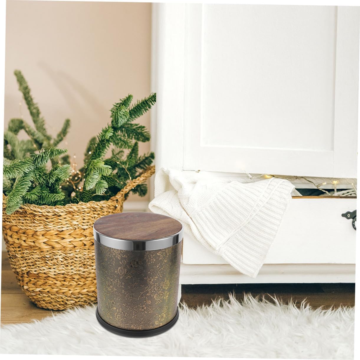 2pcs Plastic Waste Bin Cover Replace with Wood Grain Coffee