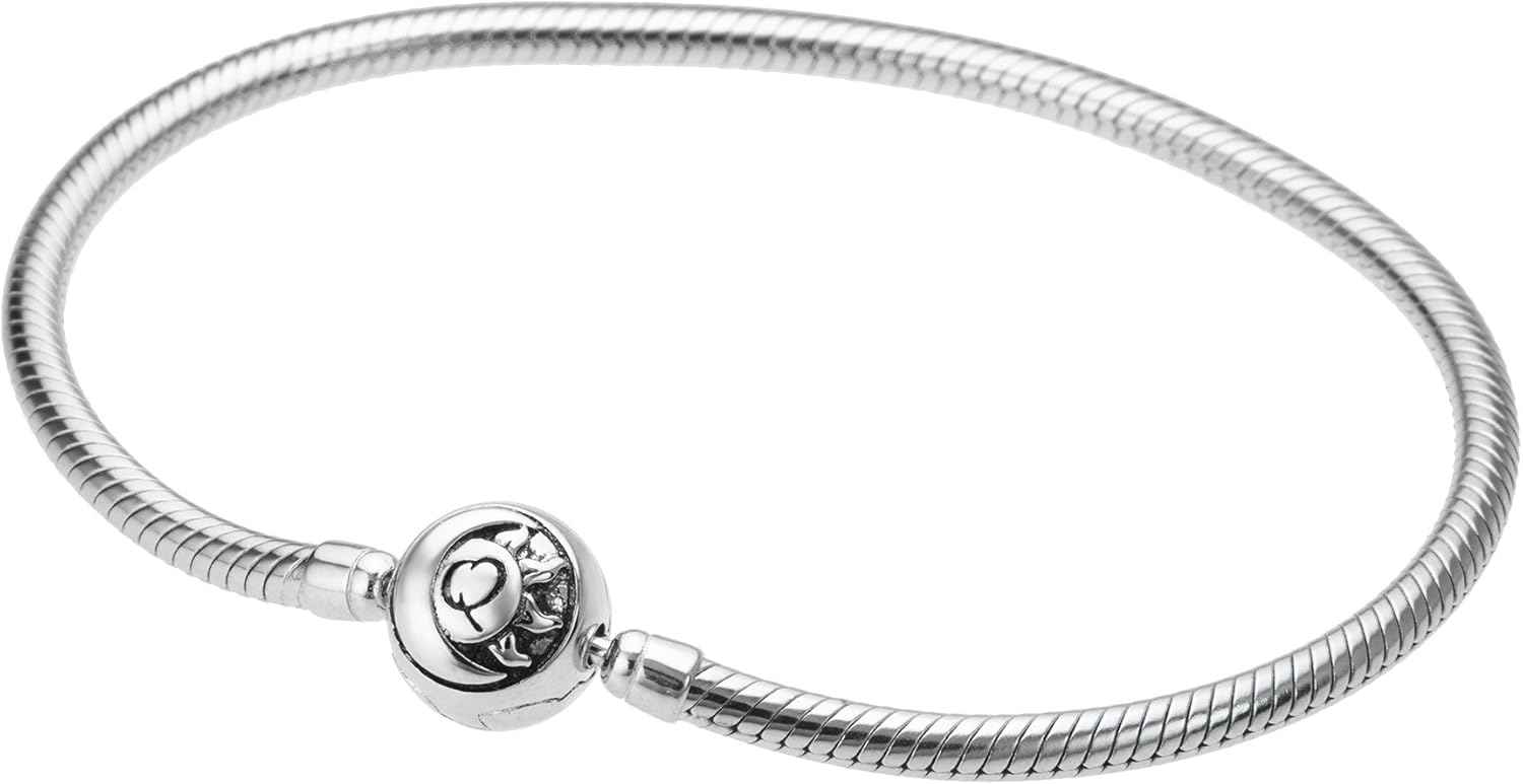 Qina C. Rhodium On Sterling Silver Snake Bracelet with Round Sun Moon Bead Clasp for European Charms, 8''