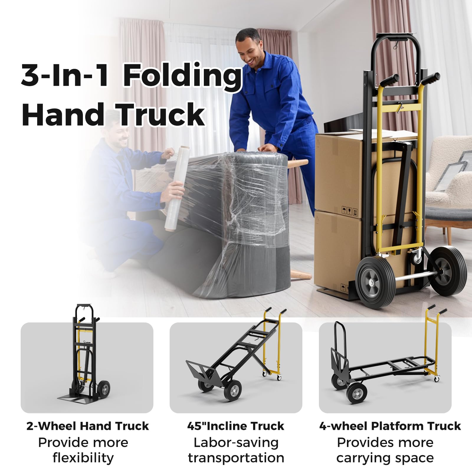 Toolsempire 3 in 1 Hand Truck, Convertible Hand Truck with 4 Wheels & Rubber Handle, Folding Hand Truck Heavy Duty Truck for Warehouse, Garage, Supermarket & Home