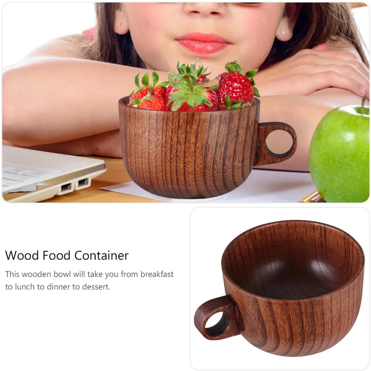 Wooden Rice Bowl with Single Handle, Coffee Color for Adults