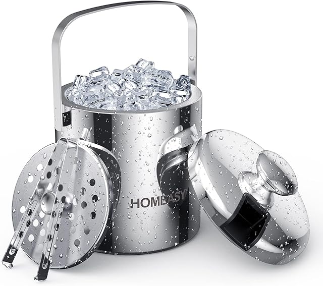 Homeasy Ice Bucket, Double Wall Bar Ice Bucket Set 1.3L Stainless Steel Ice Bucket for Home Bar Including Lid, Tongs and Strainer Keeps Ice Cold & Dry Great for Bar, Party, Beer, Champagne and Wine
