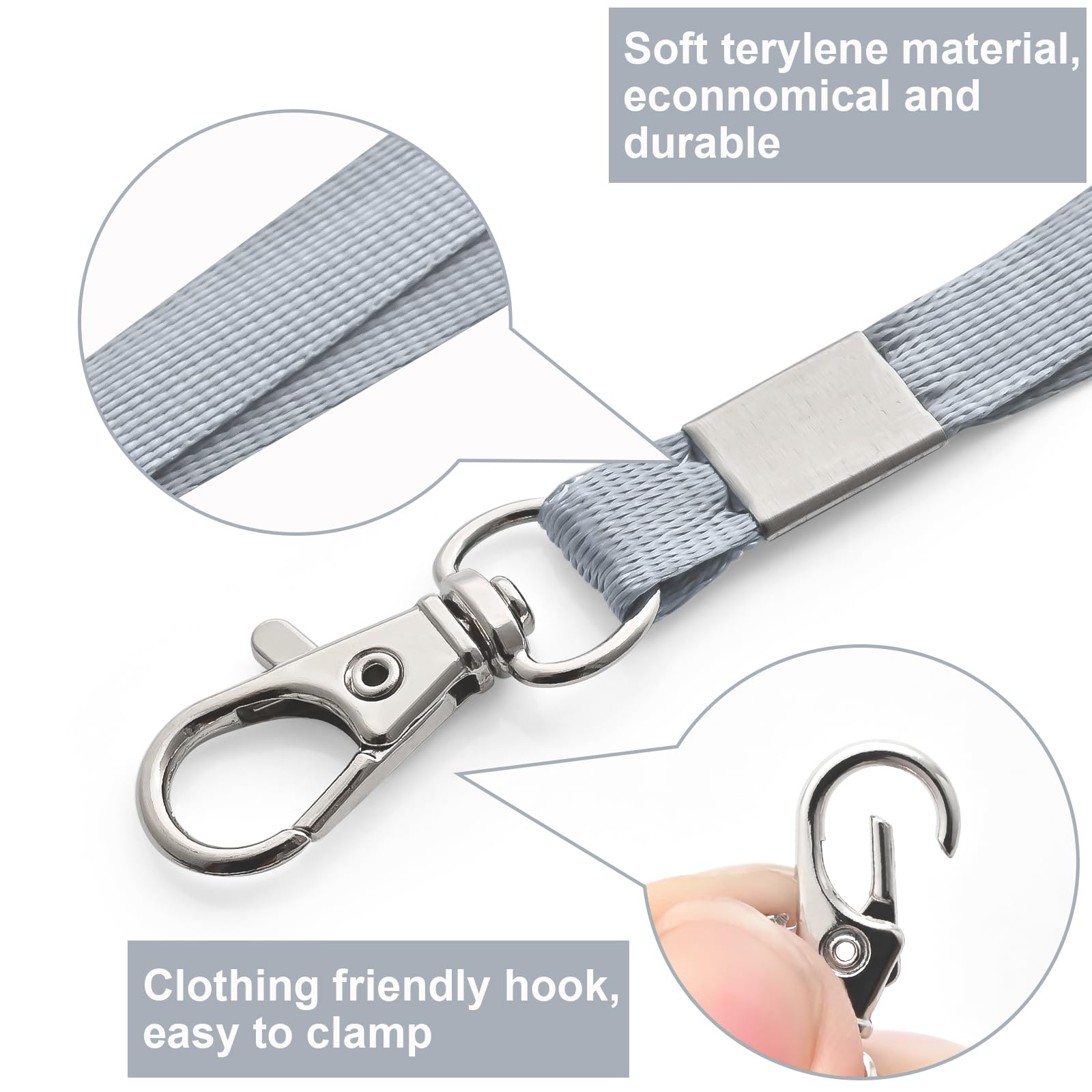 Lot de 100 cordons pour badges d'identité avec étiquettes transparentes – Cordons réutilisables – Porte-badges horizontaux en plastique pour hommes, femmes, enfants, affaires, école et bureau (gris)