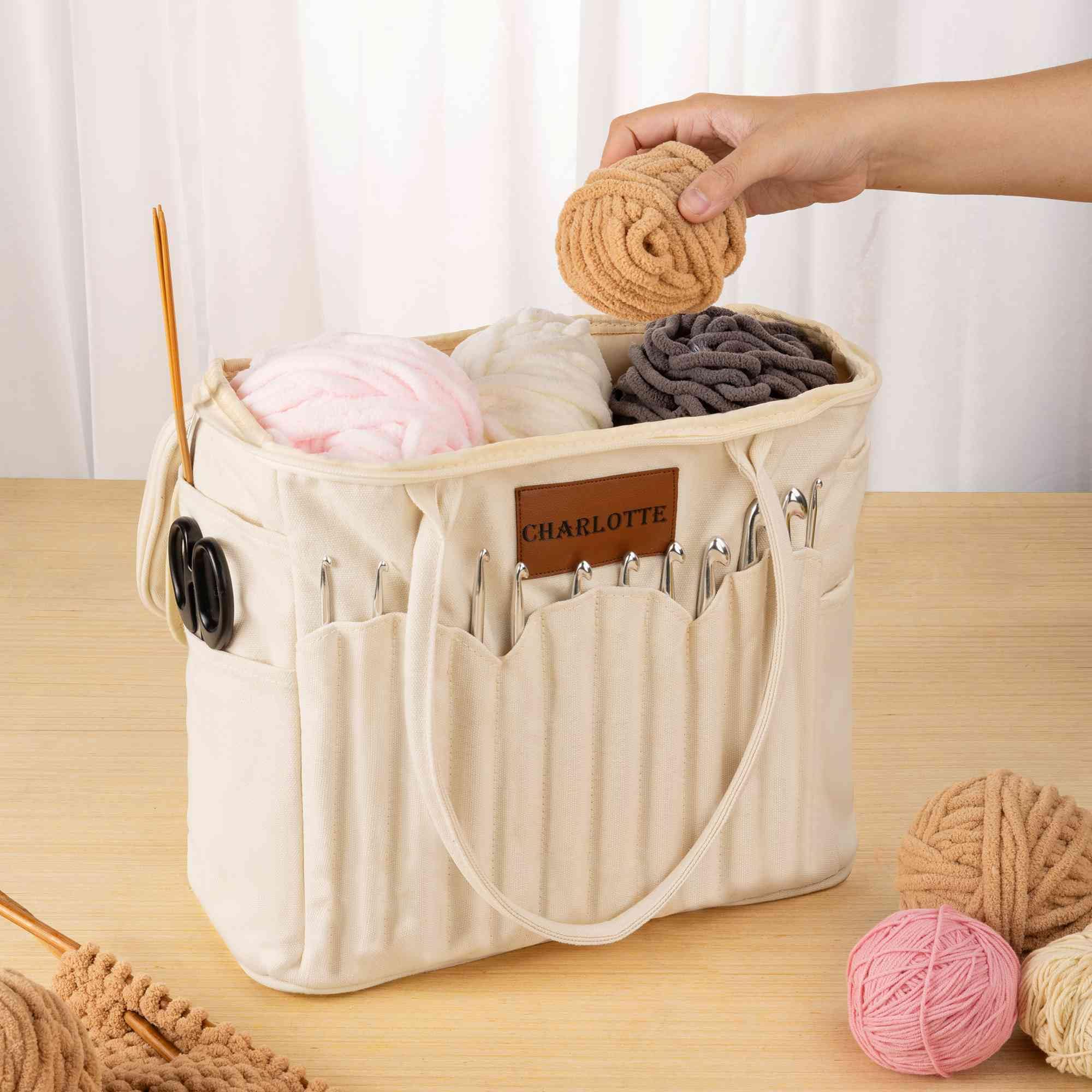 Bolsa de almacenamiento personalizada para tejer para mujer, bolsa de hilo de lona grande, organizador de ganchillo, bolsa de viaje portátil con bolsillos para agujas, estuche de ganchillo, regalo de