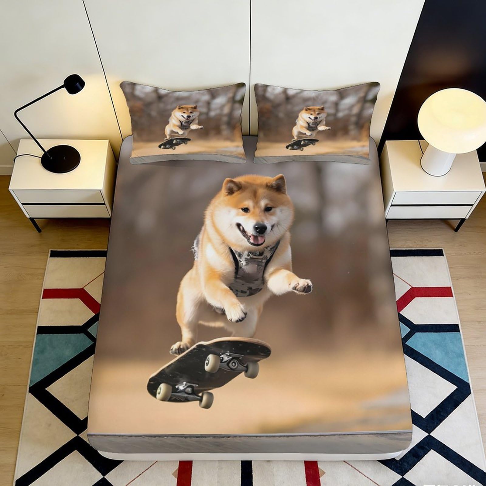 3D Printed Shiba Inu Skateboard Fitted Sheet Microfiber Soft Animal Art Bed Cover for Bedroom Dorm Décor 90x200x25cm