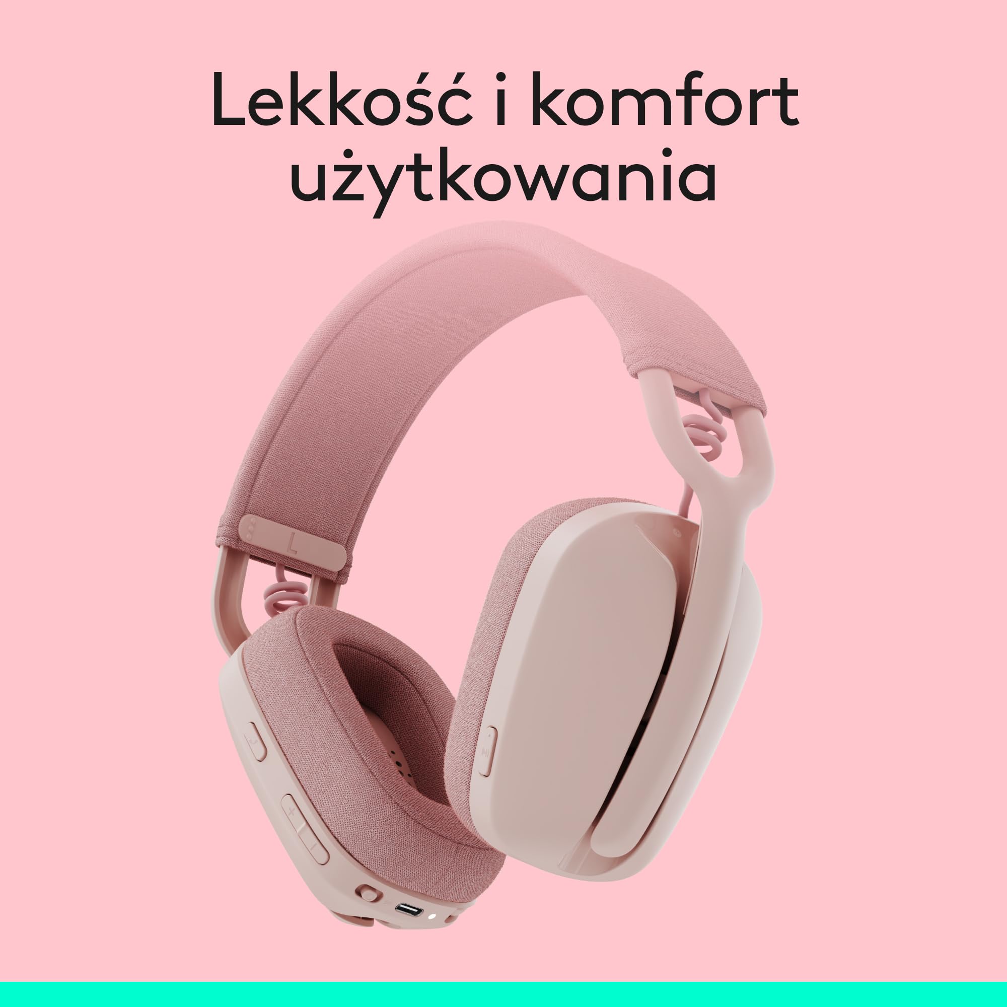 Logitech Zone Vibe 100 Lekkie bezprzewodowe słuchawki nauszne z mikrofonem z redukcją szumów, Zestaw słuchawkowy Bluetooth, dla Teams, Google Meet, Zoom i Mac/PC - Różowy