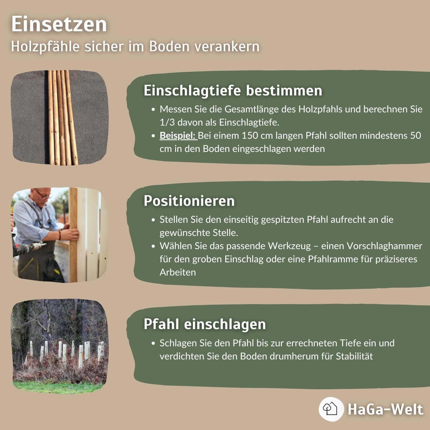 HaGa Holzpfahl - 5cmØ | 150cm Höhe | 10 STK. - Rundholz Pfahl aus Kiefer für Zaun - Weidezaunpfähle - Zaunelemente für Holzzaun, Hundezaun, Weidezaun, Gartenzaun