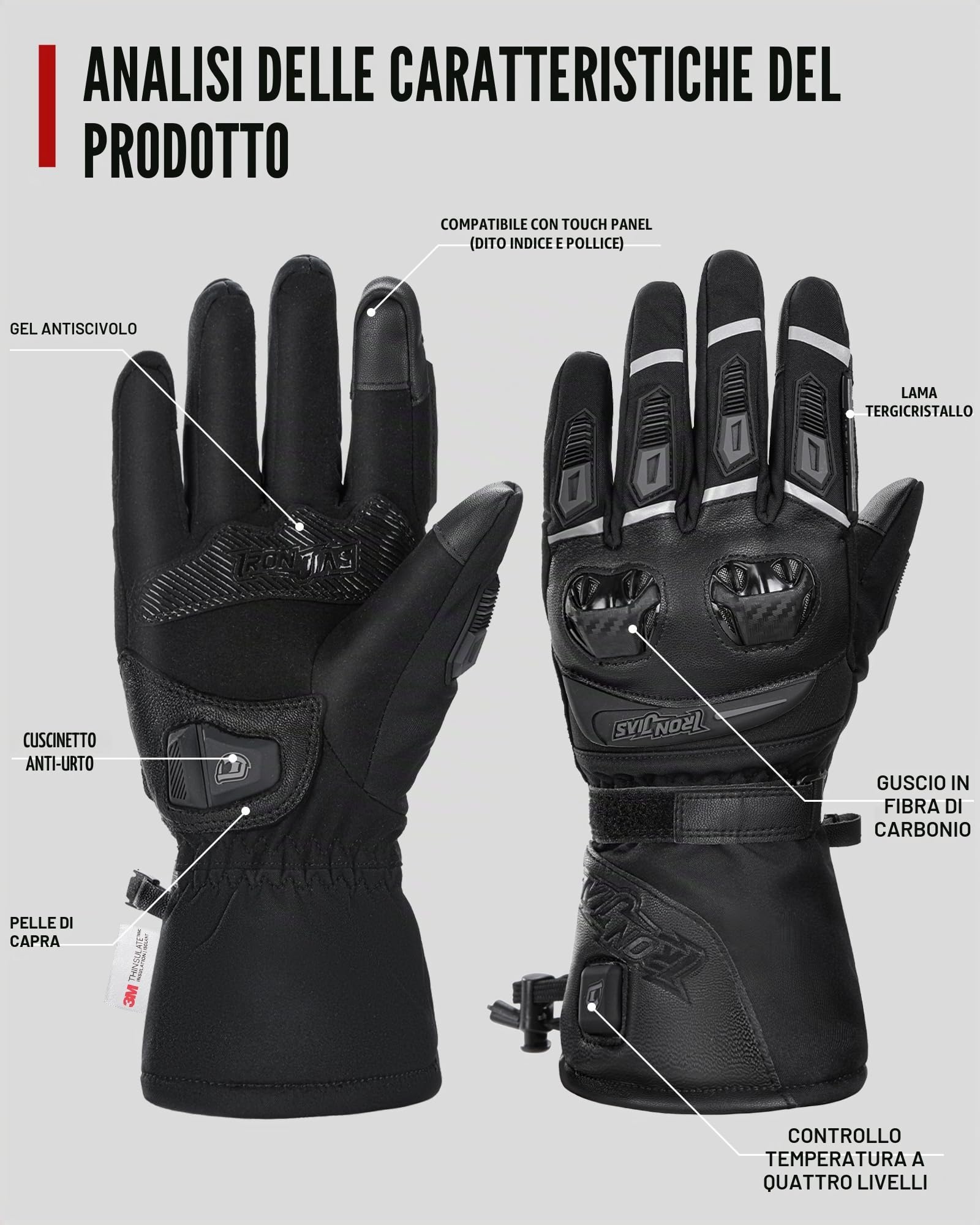 IRON JIA'S Guanti Riscaldati Moto 3000mAh 2025 aggiornati controllo intelligente della temperatura,guanti moto invernali riscaldati USB uomo donna 4 livelli riscaldamento Molteplici metodi ricarica