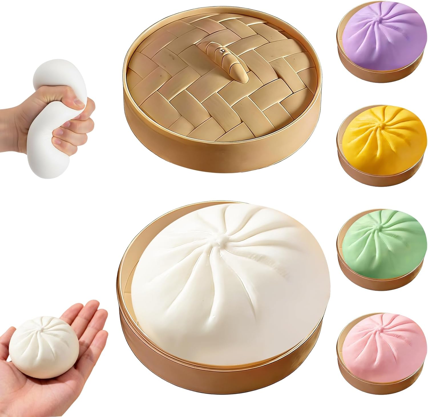 Dumpling Squishy, Mystery Squishy Dumpling Box, Soft Squeeze Dough Ball for Stress Relief, Easter Basket Stuffers, Stretchy Bun with Mini Food Steamer Desk Fidget Toy for Adults (White)
