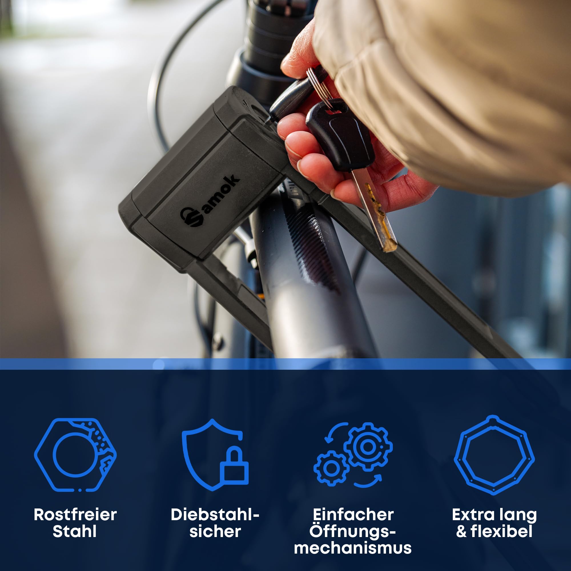Samok® Lucchetto pieghevole per bicicletta, lunghezza 120 cm, con supporto, pieghevole, con chiave, alta sicurezza, livello 10, antifurto, per e-bike, bici da strada e MTB