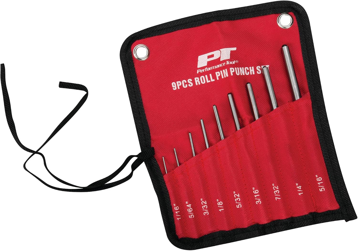 Performance Tool W7559 9 Piece Roll Pin Punch Set with Storage Pouch - Heat Treated Steel, Knurled Grip, Reverse Taper Tip, Multiple Pin Sizes