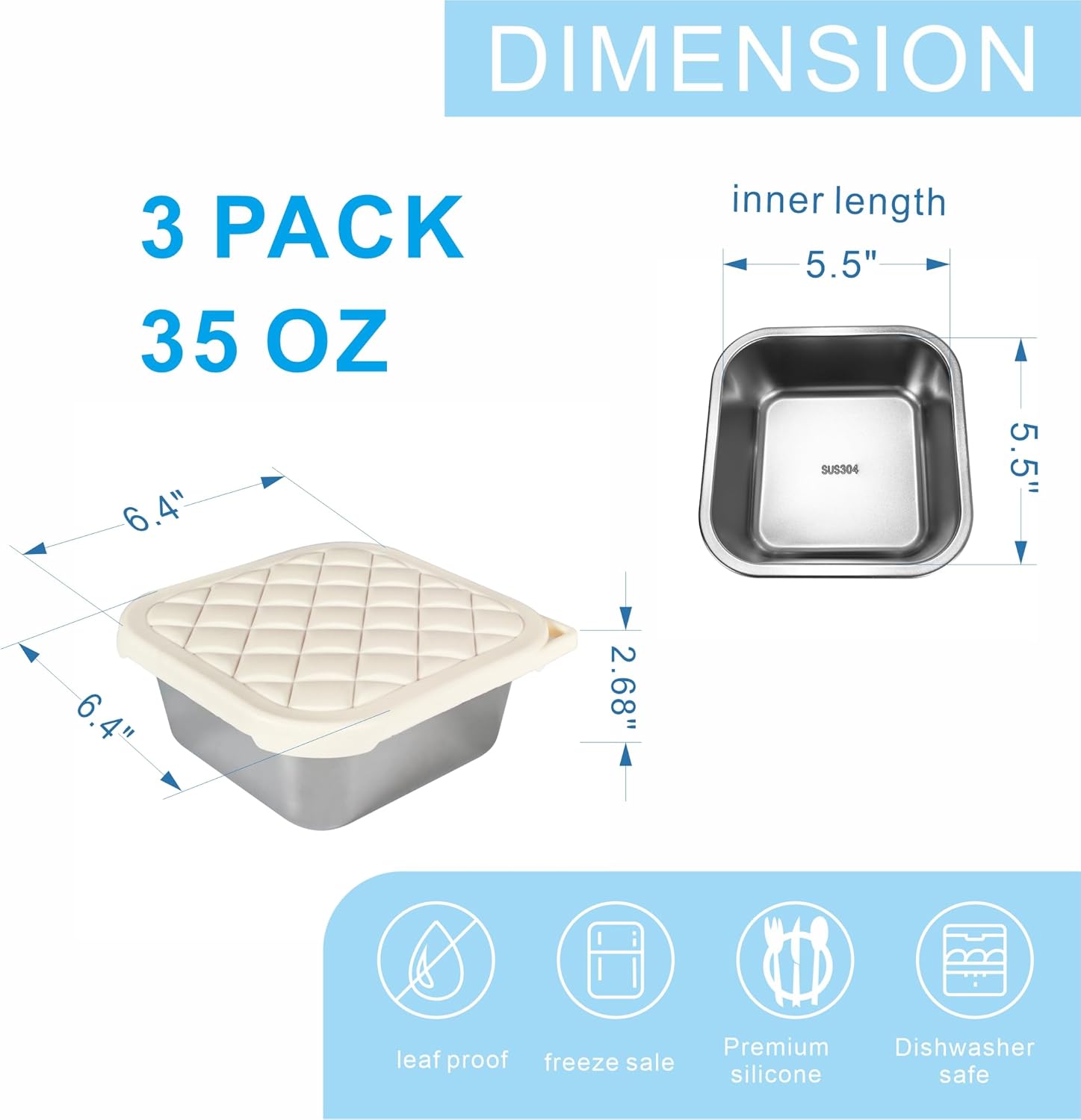 F.Y.Dreams 3 Pack 304 Stainless Steel Sandwich Containers With Silicone Lids/ 3 * 35 OZ/Plastic Free Lunch Box/Metal Bento Box/Snack Containers/Cream - Image 3