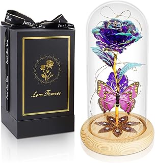 Gifts for Women, Mom Gifts Mothers Day Rose Gifts from Daughter Galaxy Glass Rose Crystal Flower Gift Rose in Glass Dome, Mothers Day Presents Ideas Gifts for Her Grandma Sister Wife Friends Purple