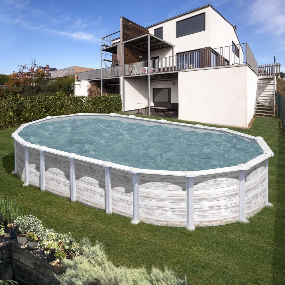 Piscina de Acero Elevada,Ovalada con Aspecto Acero Nórdico. Piscinas Desmontables para Jardín. 730 x 375 x 132 cm - Piscina Gre KITPROV7388N Islandia.