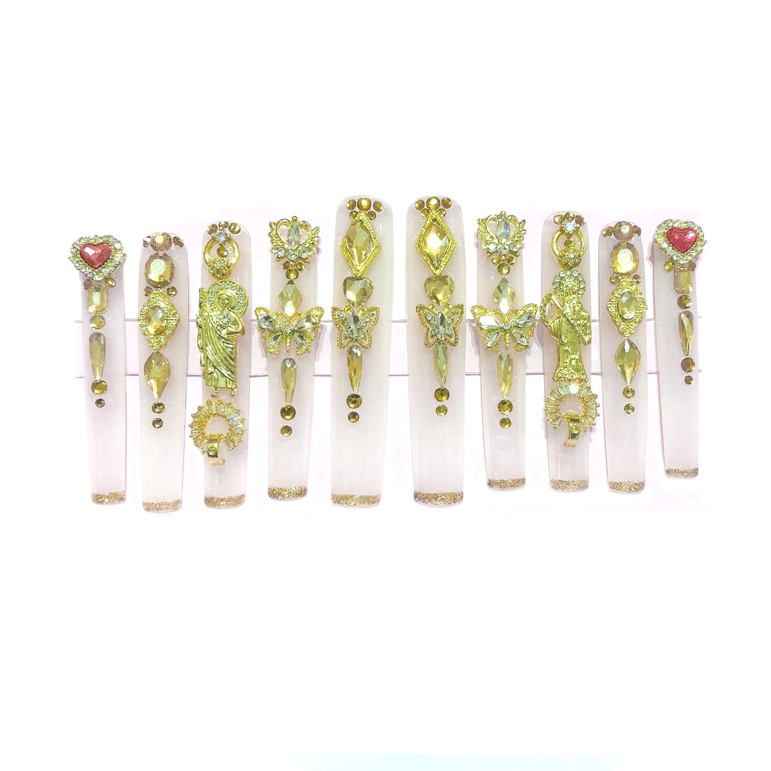 Handmade Baroque Style Press On Nails, 70mm Extra Long Square Fake Nails with Rhinestones, Vintage Glitter Coffin Artificial Nails for Party, Reusable Statement Nails, 3 Sizes (L)