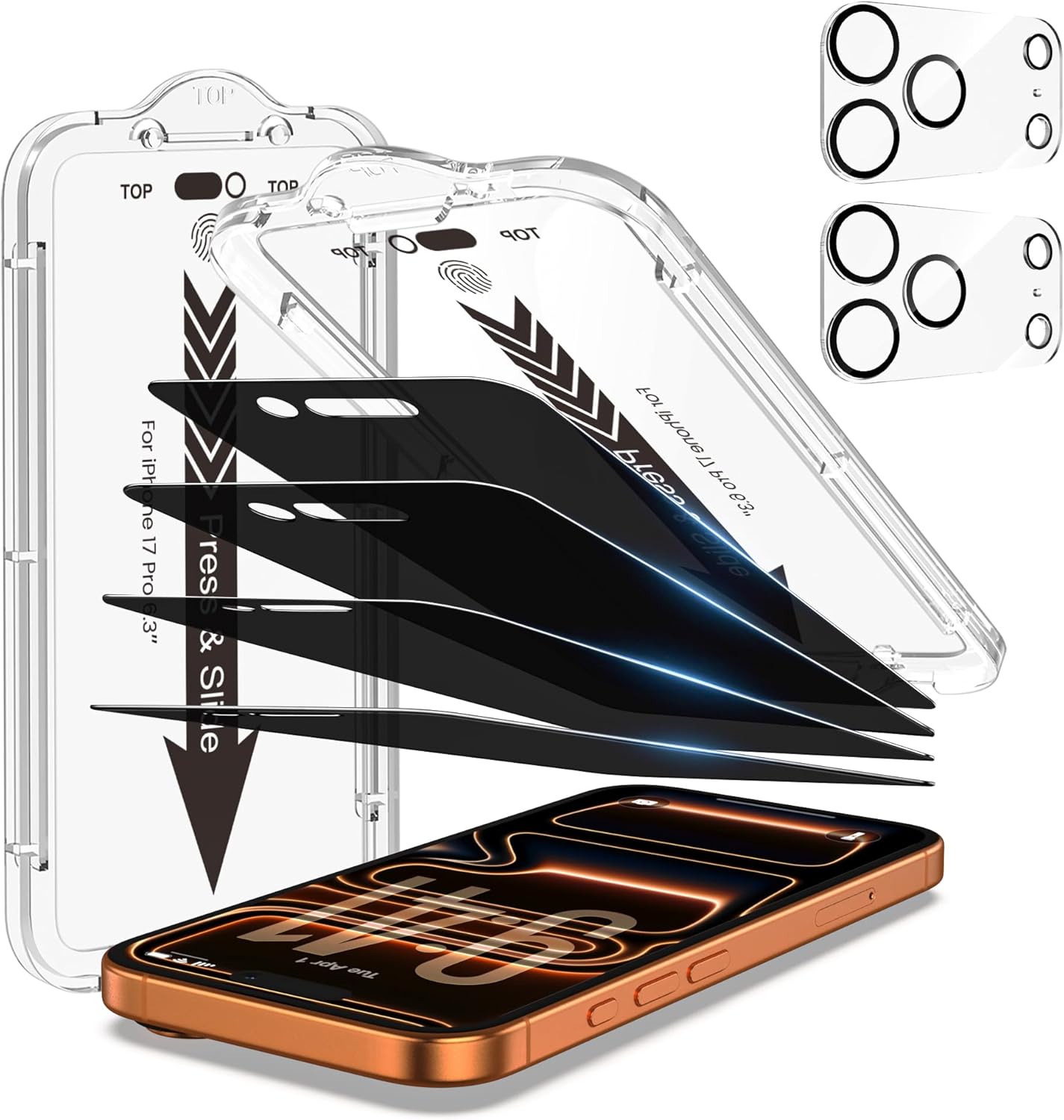 EZ-GLAZ 4 Pack for iPhone 17 Pro Privacy Screen Protector [6.3"] With 2 Pack Camera Lens Protector, 9H+ Hardness 12FT Military Grade Shatterproof Scratch Resistant Durable Tempered Glass Film with Flawless Fit Kit
